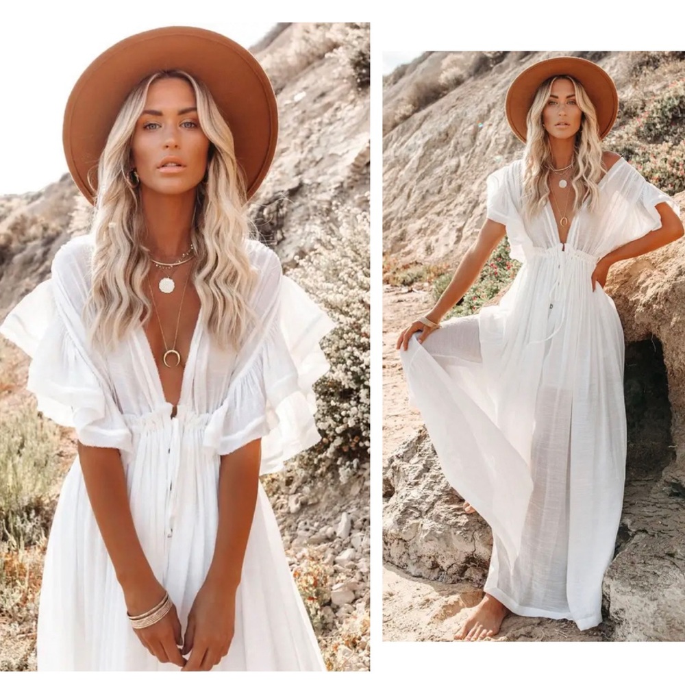 Elegant Amelia Beach Dress Swimsuit Cover-Up in White Oversized OSFM - Picture 3 of 12